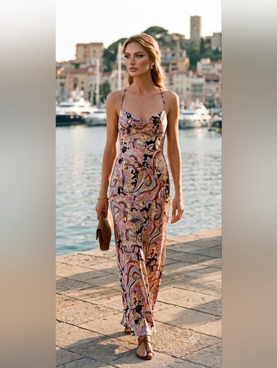Dresses & Skirts - "Pucci" Style Paisley Satin Slip Maxi Dress in Pink and Black
